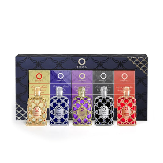 Orientica Luxury Collection 5 Piece Eau de Parfum Miniature Discovery Set for Unisex (Amber+Bleu+Velvet+Saffron+Rougue) 5x7.5ml