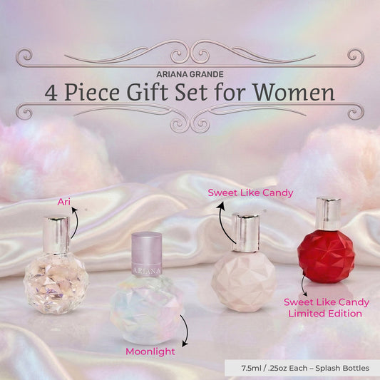 Ariana Grande 4 Piece Gift Set Eau De Parfum Splash Sweet Like Candy, Moonlight, Ari, Sweet Like Candy Limited Edition - 0.25 FL OZ / 7.5 ML (4X)
