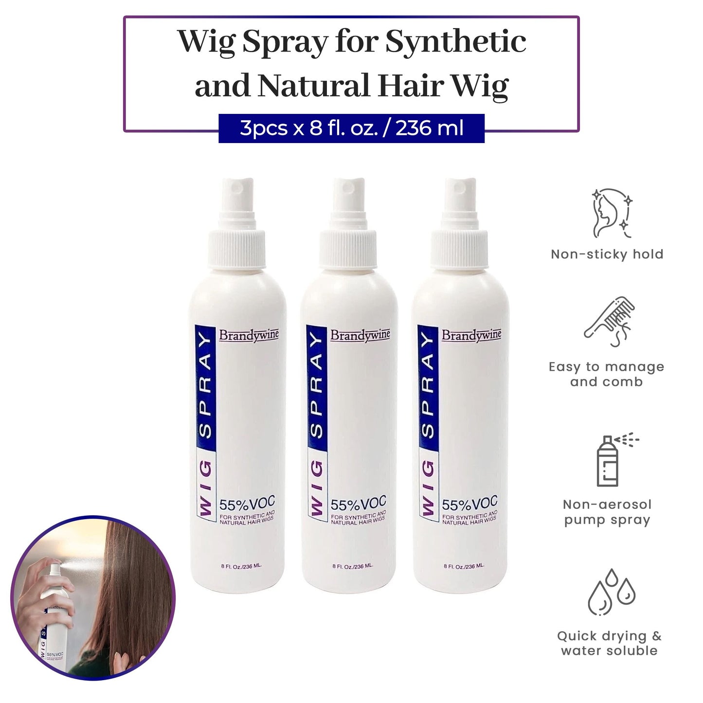 Brandywine Non-Aerosol Wig Spray for Synthetic and Natural Hair Wigs (3 Pack)