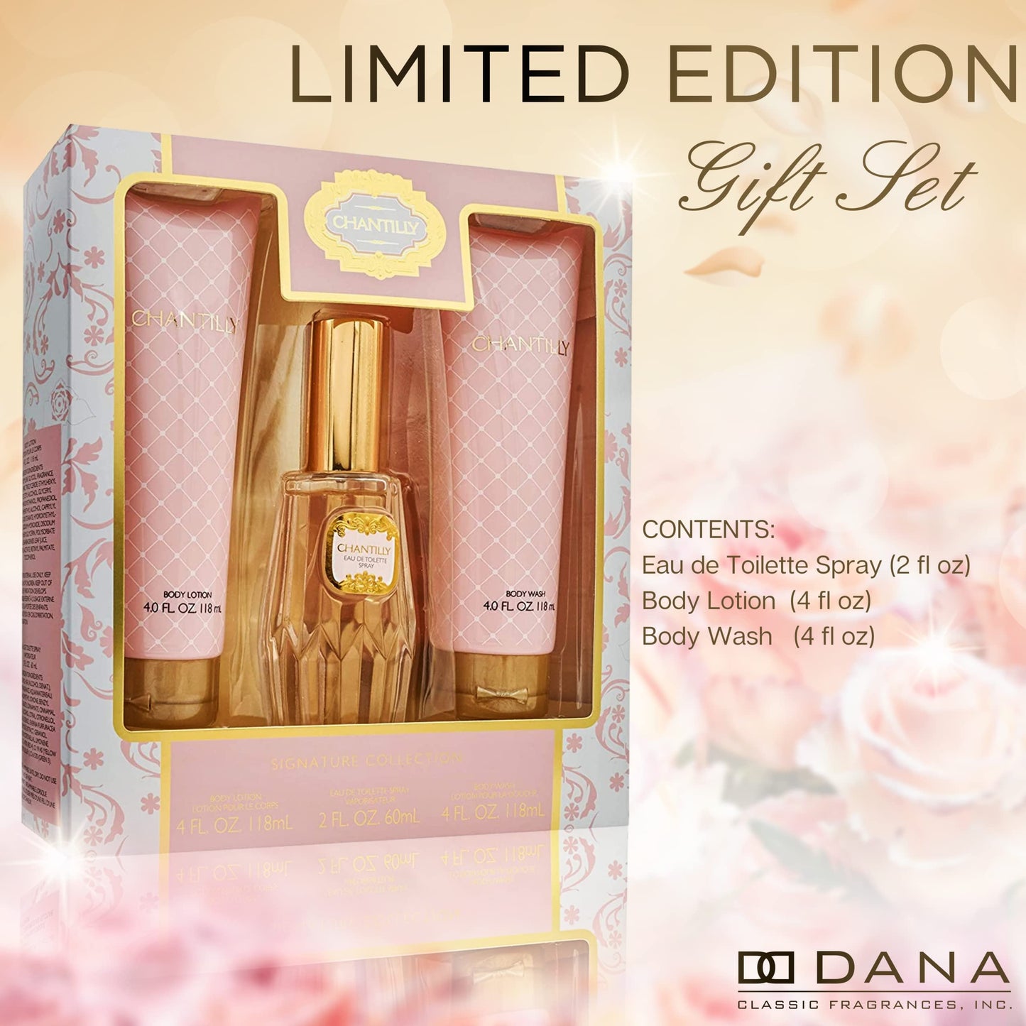CHANTILLY 3 PCS SET FOR WOMEN: 2 OZ EAU DE TOILETTE SPRAY + 4 OZ BODY LOTION + 4 OZ BODY WASH