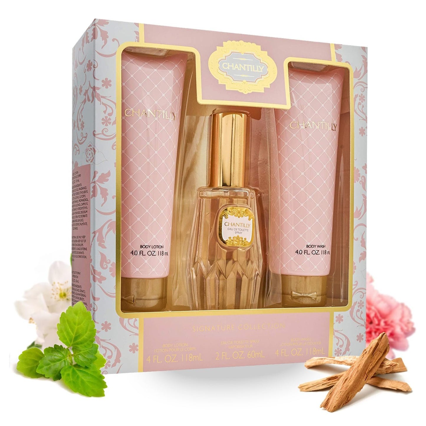 CHANTILLY 3 PCS SET FOR WOMEN: 2 OZ EAU DE TOILETTE SPRAY + 4 OZ BODY LOTION + 4 OZ BODY WASH