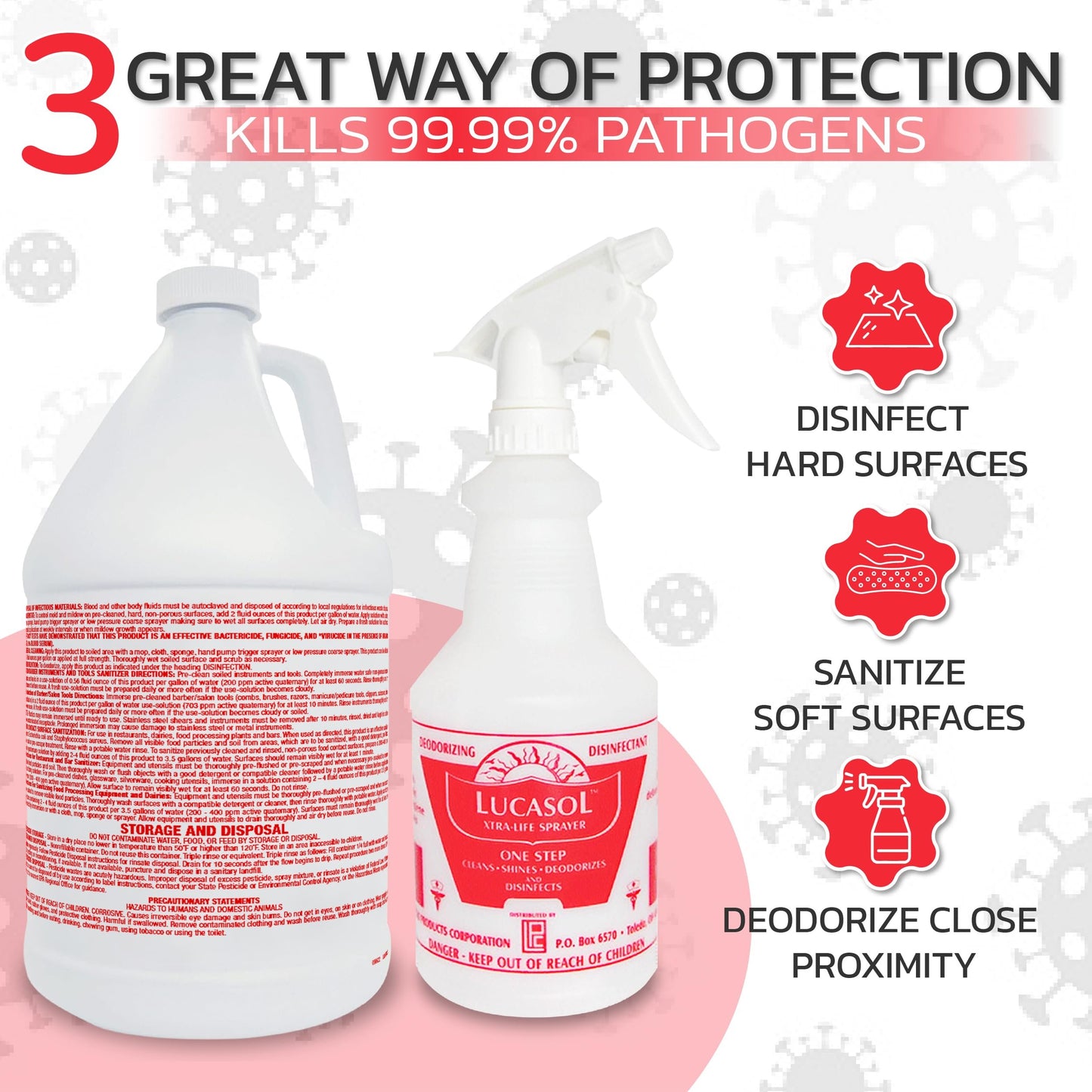 Lucasol One Step Disinfectant, 1 Gallon Disinfectant & 24 Oz. Cleaner Spray Bottle Combo, All Purpose Cleaner Disinfectant Spray For Hospitals, Schools, Salons, Household Cleaning And More