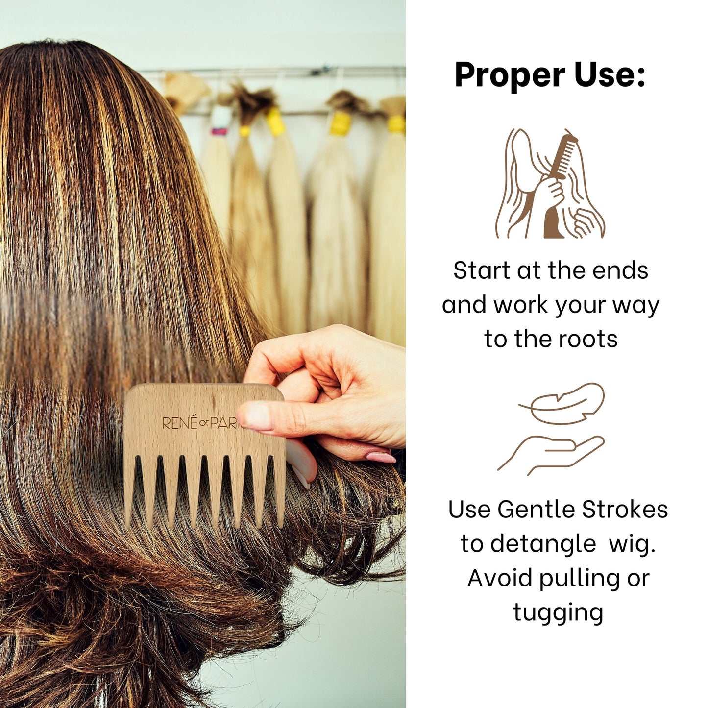 Rene of Paris Wooden Wide Tooth Comb – For Human & Synthetic Hair Wigs