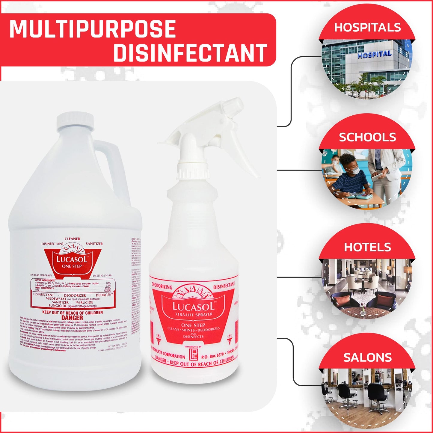 Lucasol One Step Disinfectant, 1 Gallon Disinfectant & 24 Oz. Cleaner Spray Bottle Combo, All Purpose Cleaner Disinfectant Spray For Hospitals, Schools, Salons, Household Cleaning And More