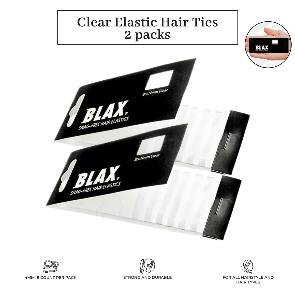 BLAX Clear Hair Elastics – Snag-Free Transparent Ties (4 mm, 8 Count – 2 Pack)