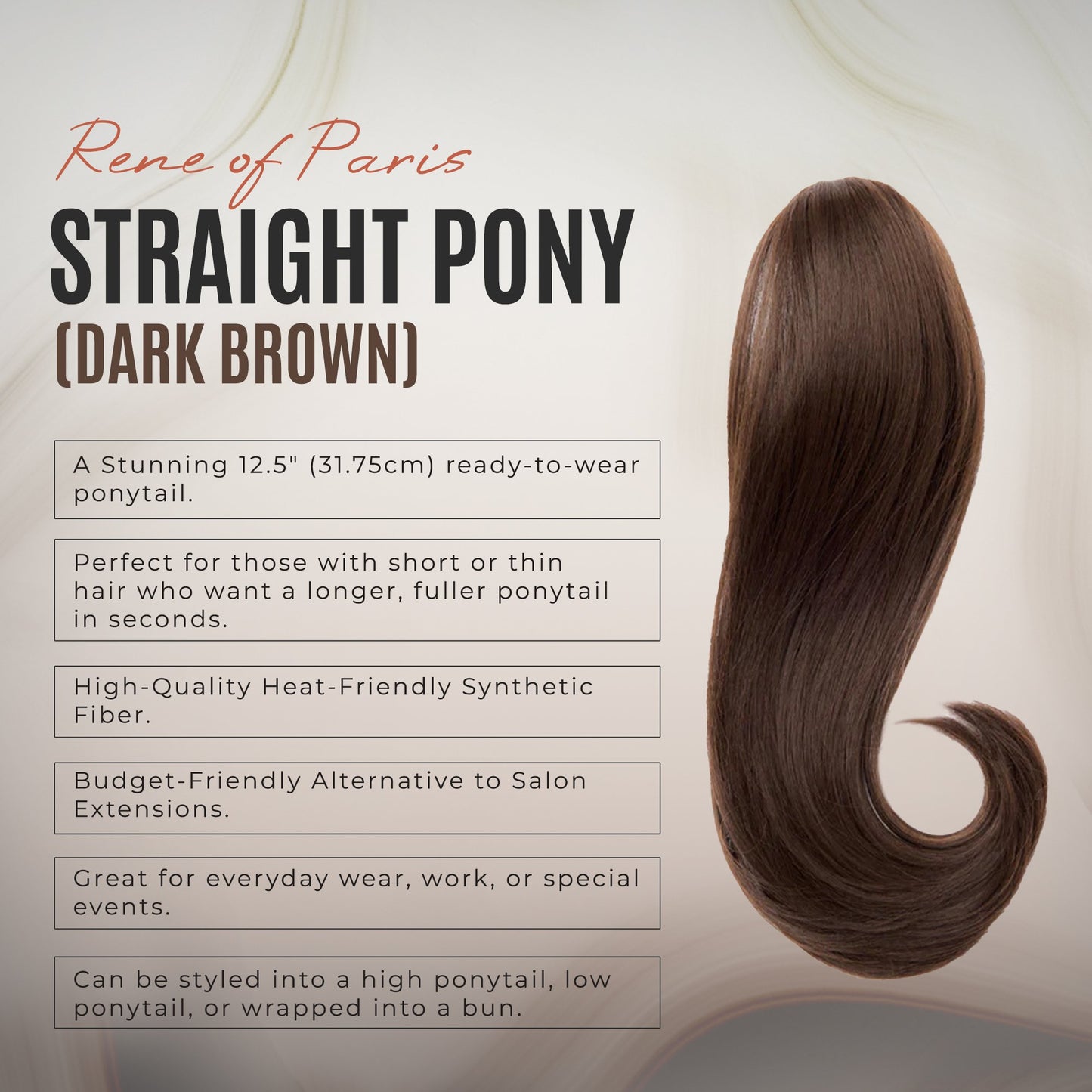 >Rene of Paris Straight Ponytail Hair Extension – Dark Brown Synthetic Clip-In