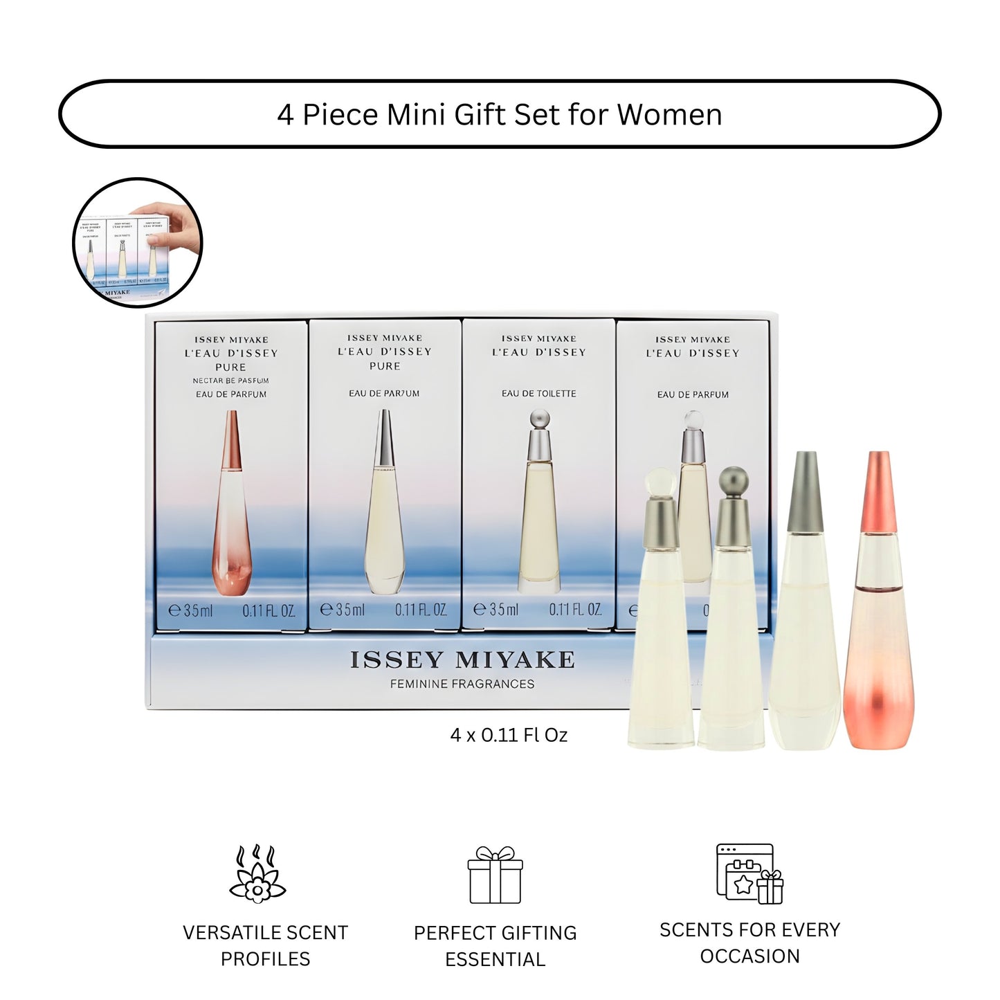 Leau Dissey Miniatures Set by Issey Miyake for Women - 4 Pc Mini Gift Set 4x3.5 ml Leau Dissey EDP, Leau Dissey EDT, Leau Dissey Pure EDP, Leau Dissey Pure Nectar EDP