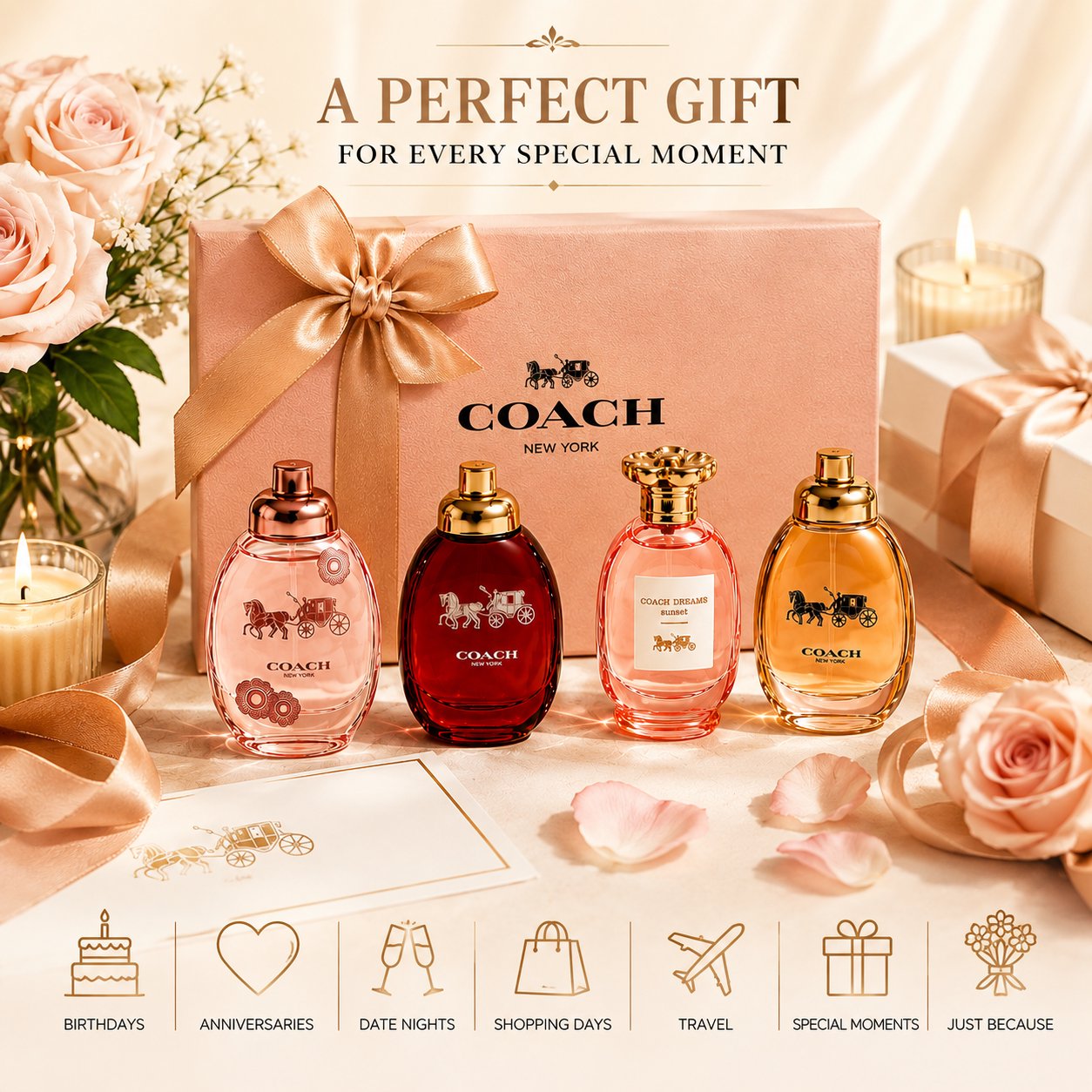 Coach New York Mini Fragrance Gift Set for Women 4-Piece 4.5 mL Each, Floral EDP, Love EDP, Gold Parfum, Dreams Sunset EDP