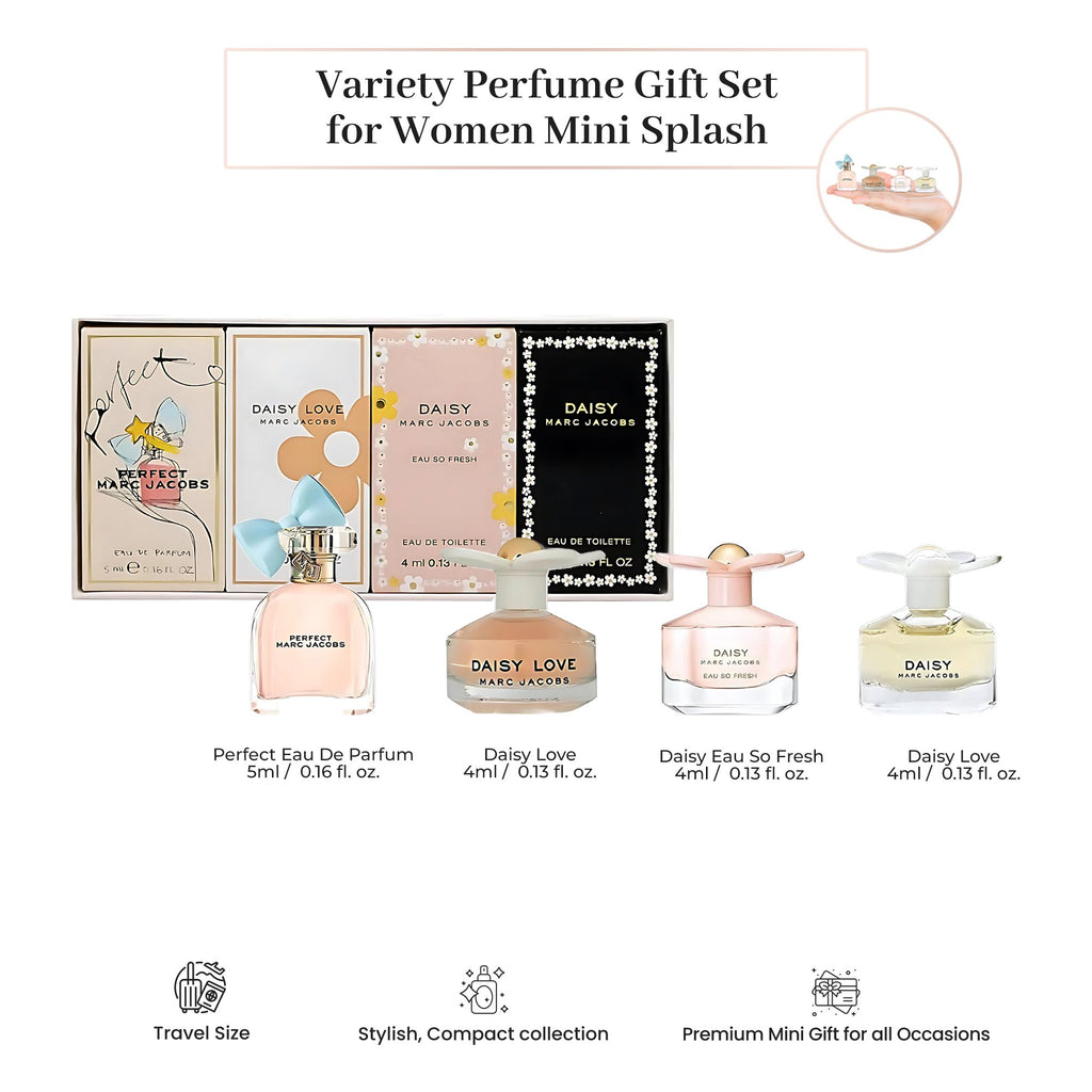 Marc Jacobs Mini Perfume Gift Set for Women (4 Piece) – Designer Fragrance Sampler, Travel Size Collection (0.55 oz Total)