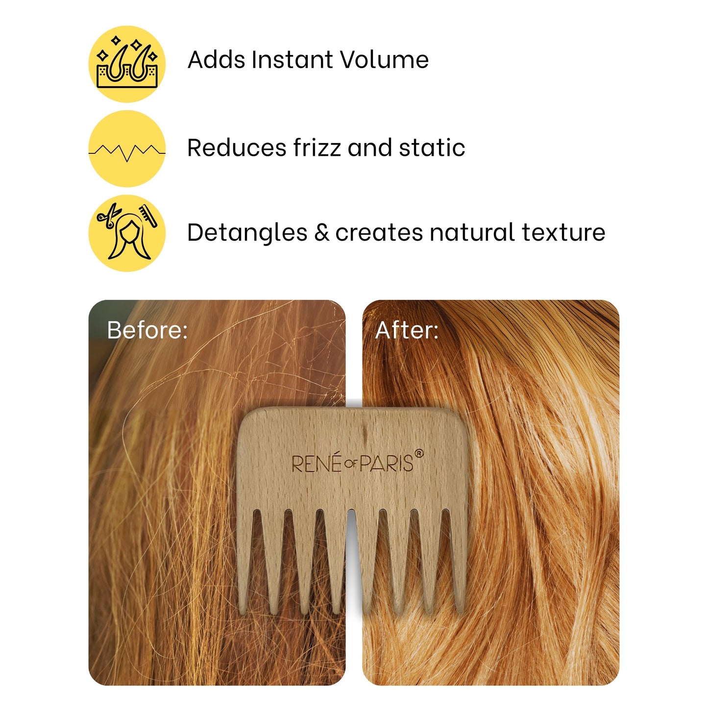 Rene of Paris Wooden Wide Tooth Comb – For Human & Synthetic Hair Wigs