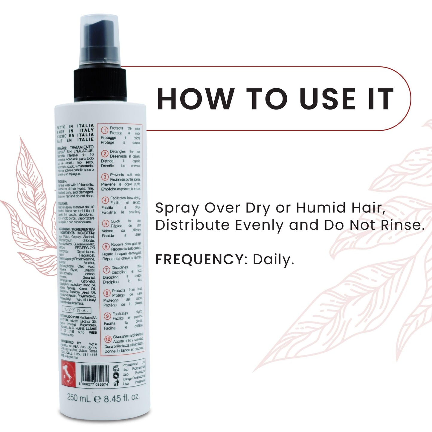 Avyna Hair Bifasico Laluronic Detangler Spray for Damaged Hair with Hyaluronic Acid 6.76 oz