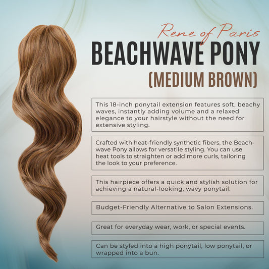 Rene of Paris Beachwave Ponytail Hair Extension – Medium Brown Synthetic Clip-In