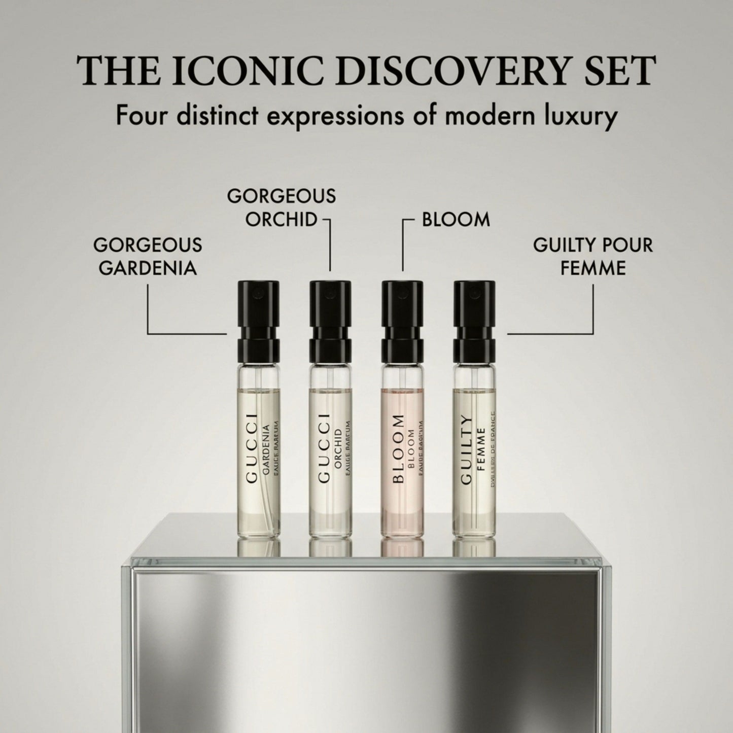 Gucci FLORA Sample Perfume WOMEN GIFT SET FLORA GOREGEOUS GARDENIA, FLORA GORGEOUS ORCHID, BLOOM, GUILTY Pour Femme - 1.5 ml / 0.05 oz - set of 4 spray samples (7760)