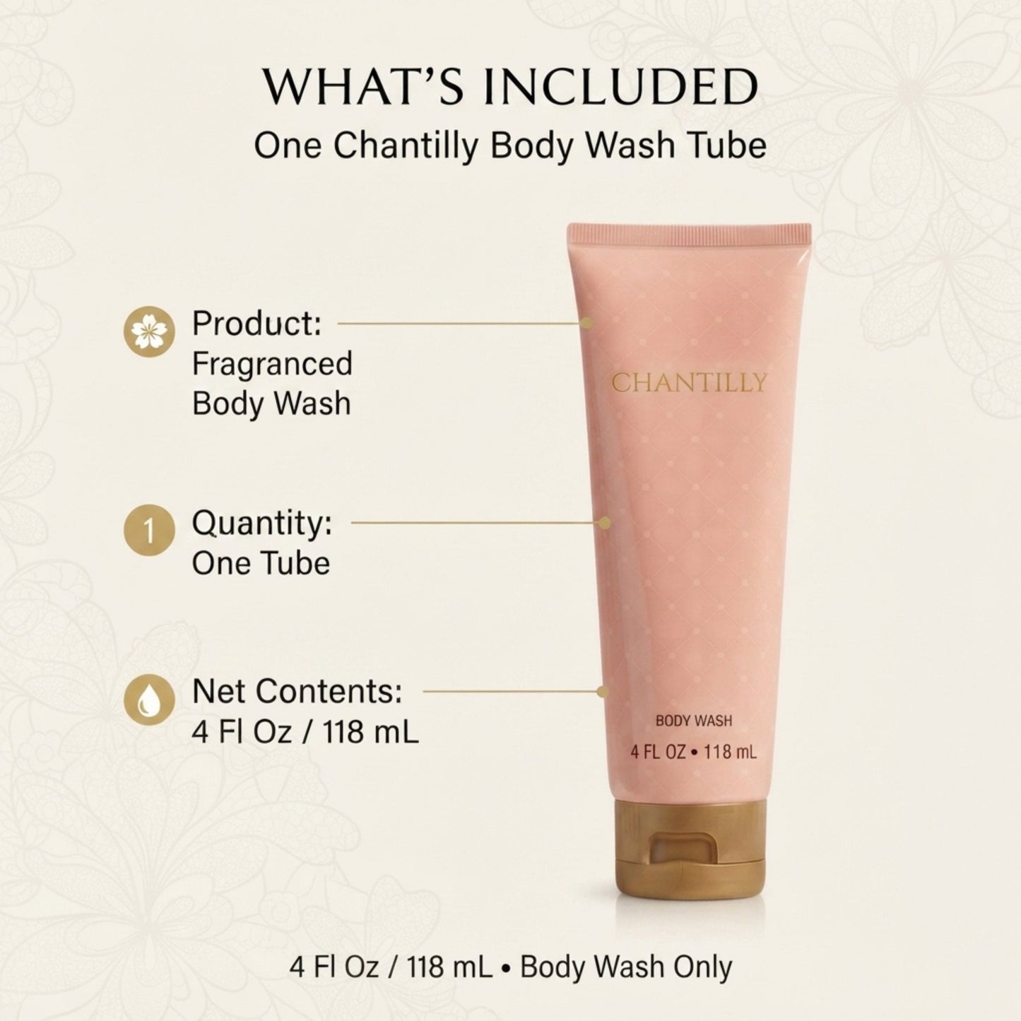 Dana Chantilly Body Wash for Women, Oriental Floral Shower Gel 4 Fl Oz Tube