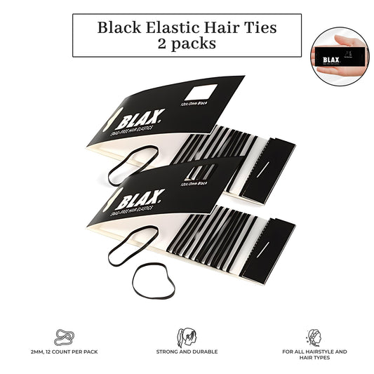 Blax Black Elastic Hair Ties - Snag-Free, Seamless, No-Damage Bands, 2mm 12 Count (2 Pack)