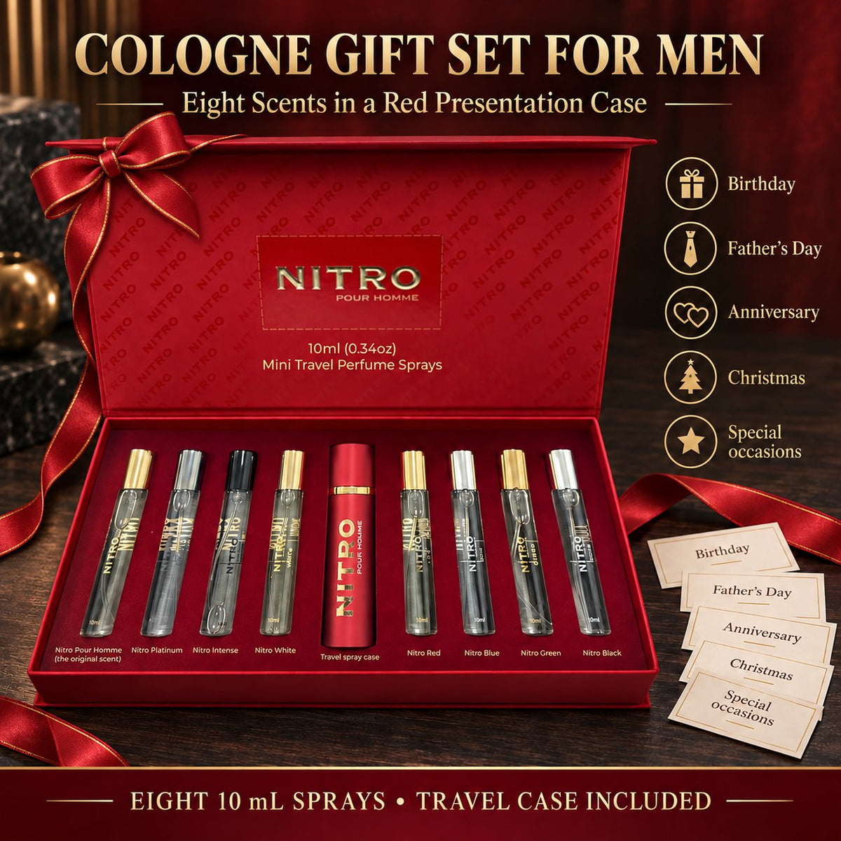 Dumont Nitro Pour Homme Perfume Discovery Set for Men Mini Travel Sprays 8 x 0.34 Fl Oz