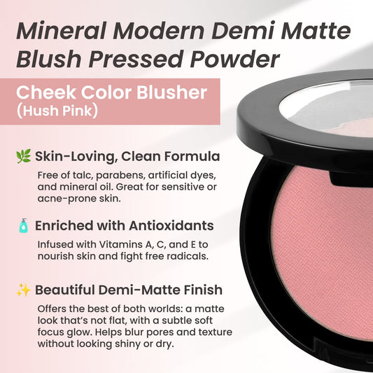 Mineral Modern Demi Matte Blush Pressed Powder – Hush Pink (0.12 oz)