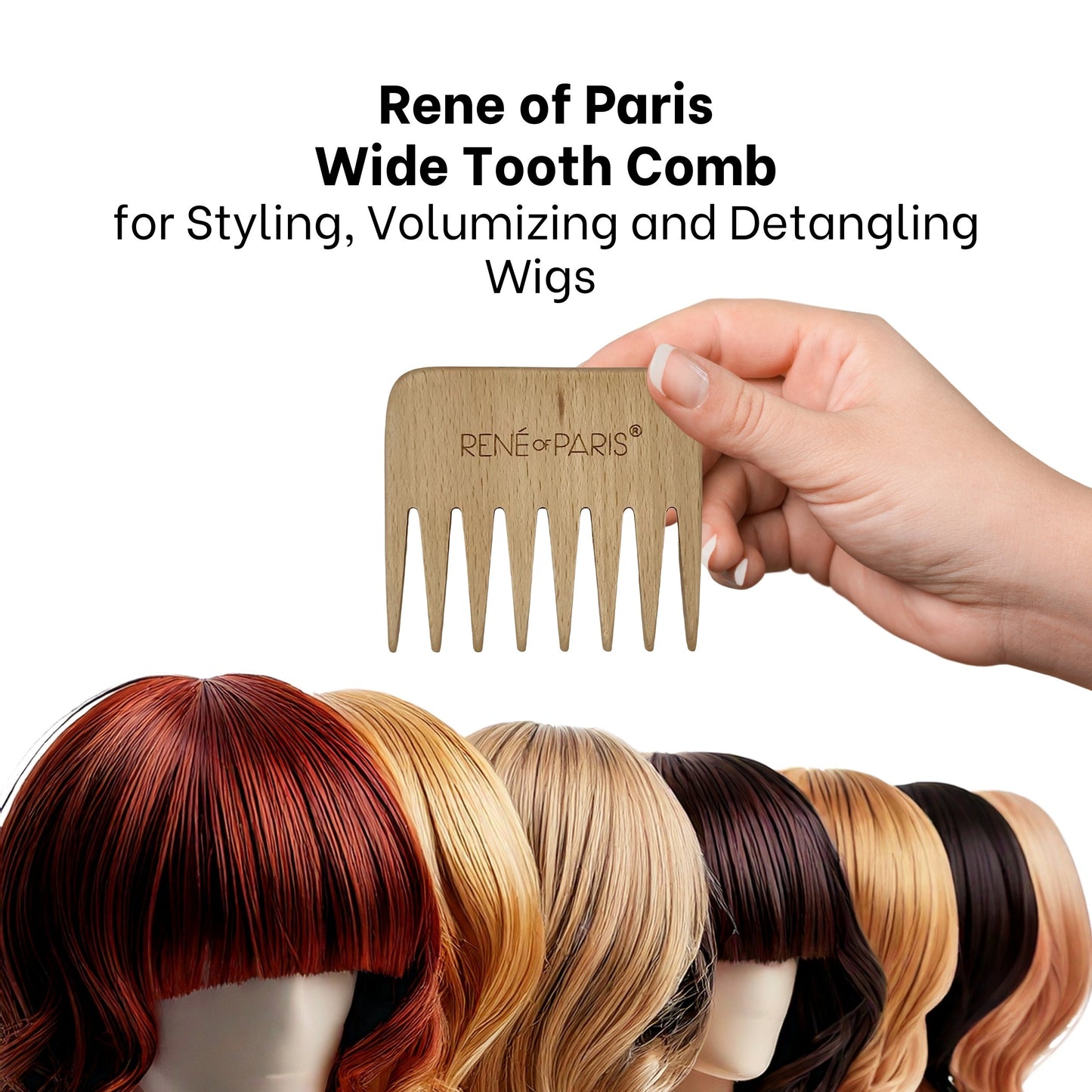 Rene of Paris Wooden Wide Tooth Comb – For Human & Synthetic Hair Wigs