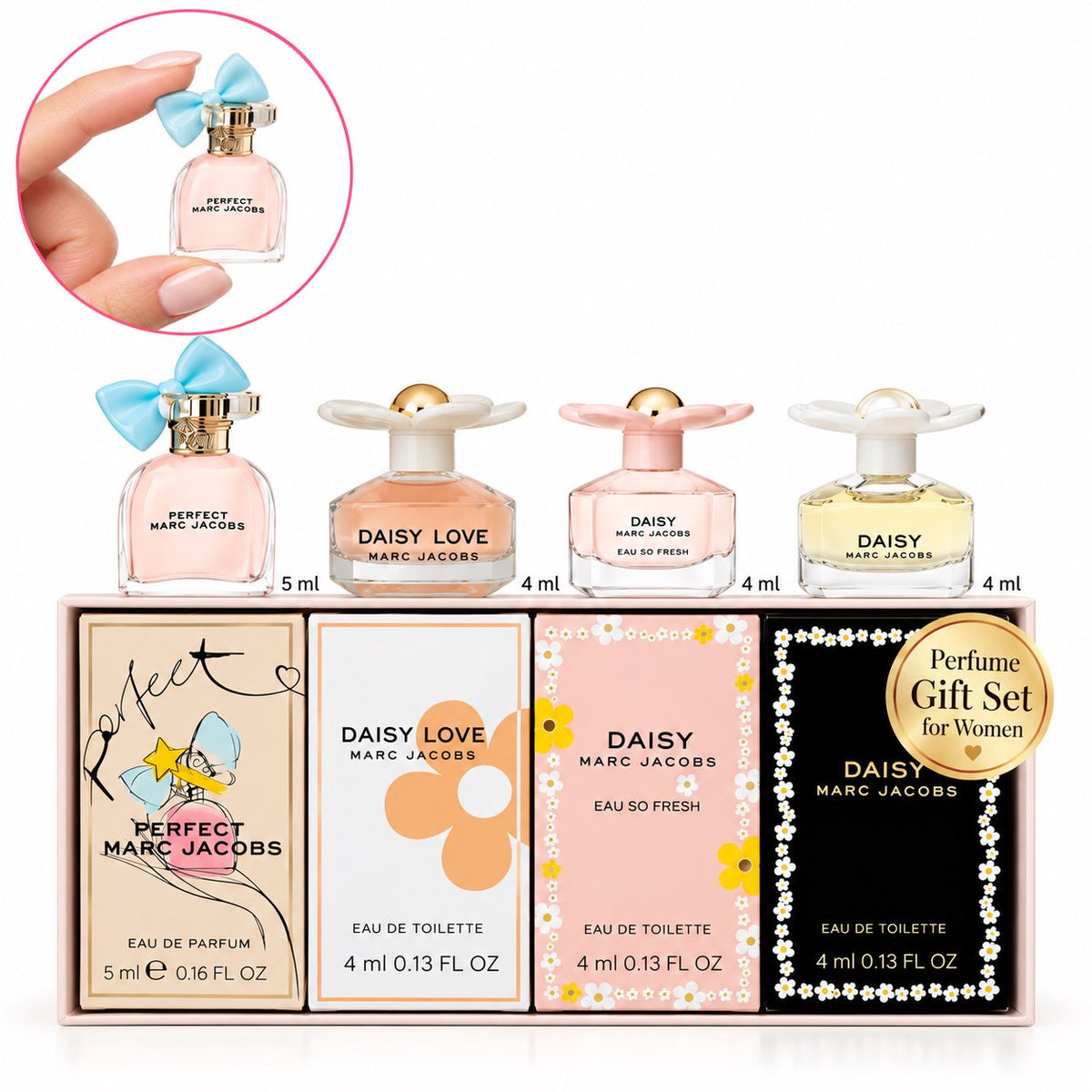 Marc Jacobs Mini Perfume Gift Set for Women (4 Piece) – Designer Fragrance Sampler, Travel Size Collection (0.55 oz Total)