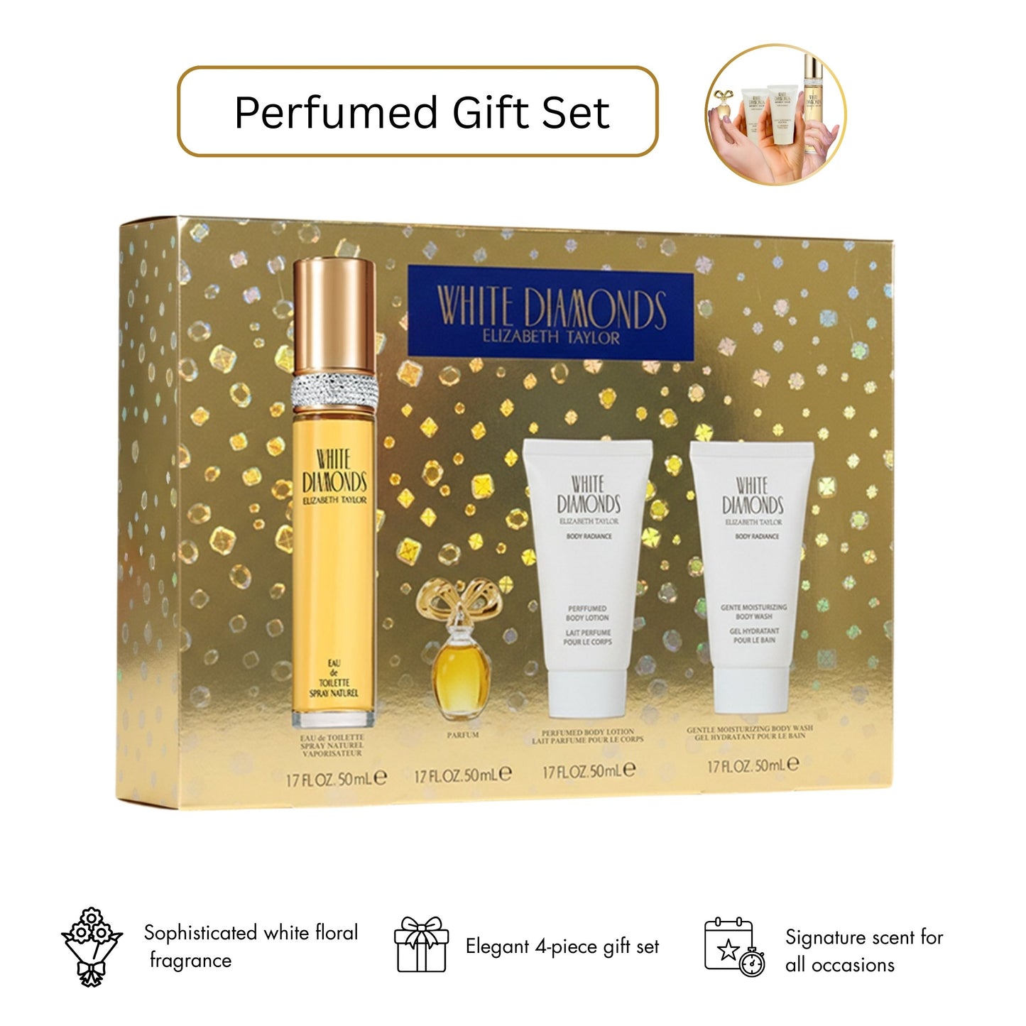 Elizabeth Taylor White Diamonds Perfume for Women Gift Set
Body Wash, Lotion, Perfume 1.7 oz. & 0.12 oz.