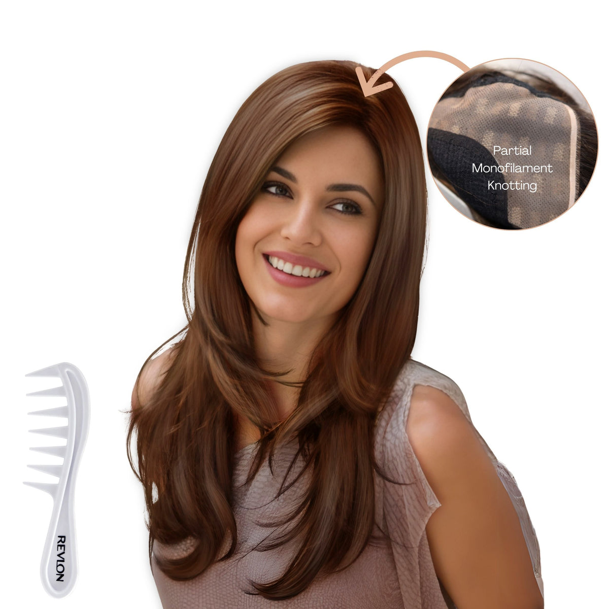Noriko ANGELICA Partial Monofilament Wig designed for Rene of Paris, Bundle - 2 Items: Wig and Wig Lift Comb (Marble Brown-R)