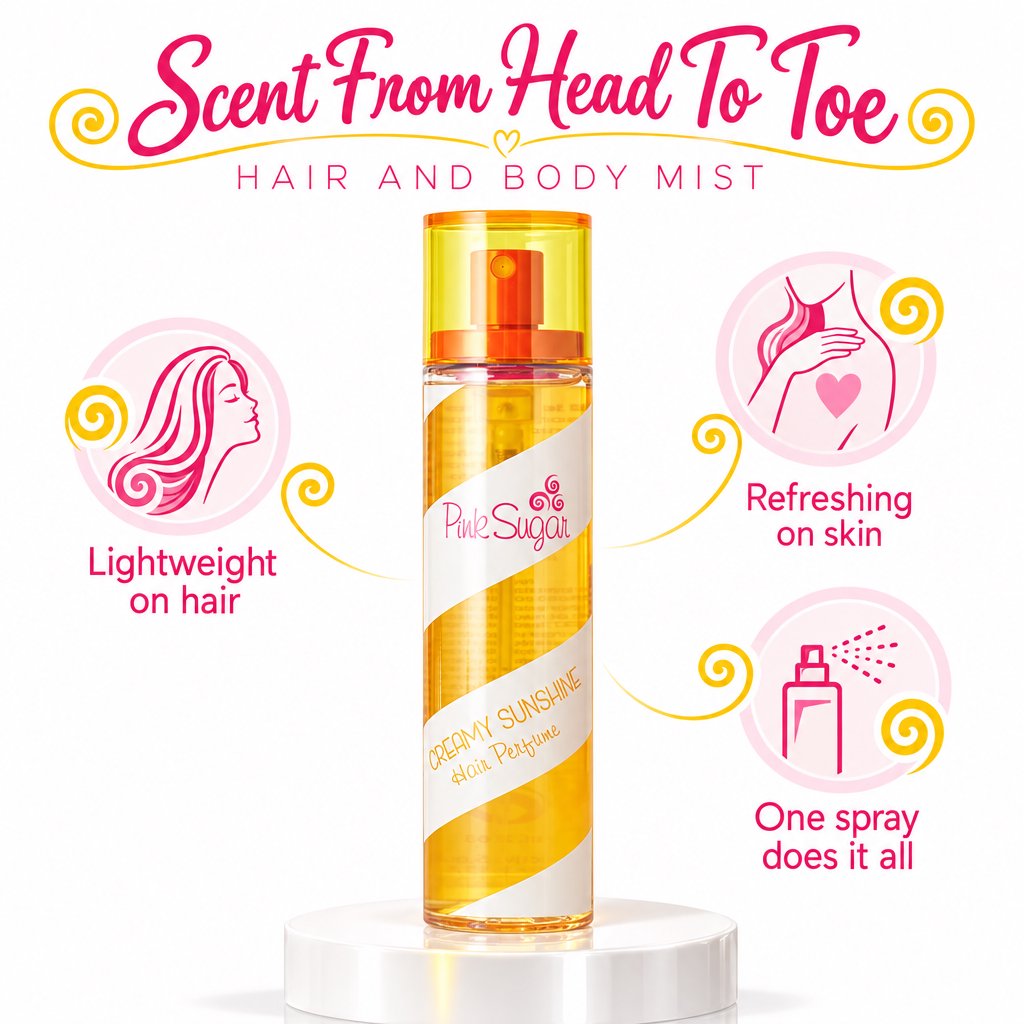 Aquolina Pink Sugar Creamy Sunshine Hair & Body Mist Spray, Sweet Fragrance Spray for Women, 3.38 oz