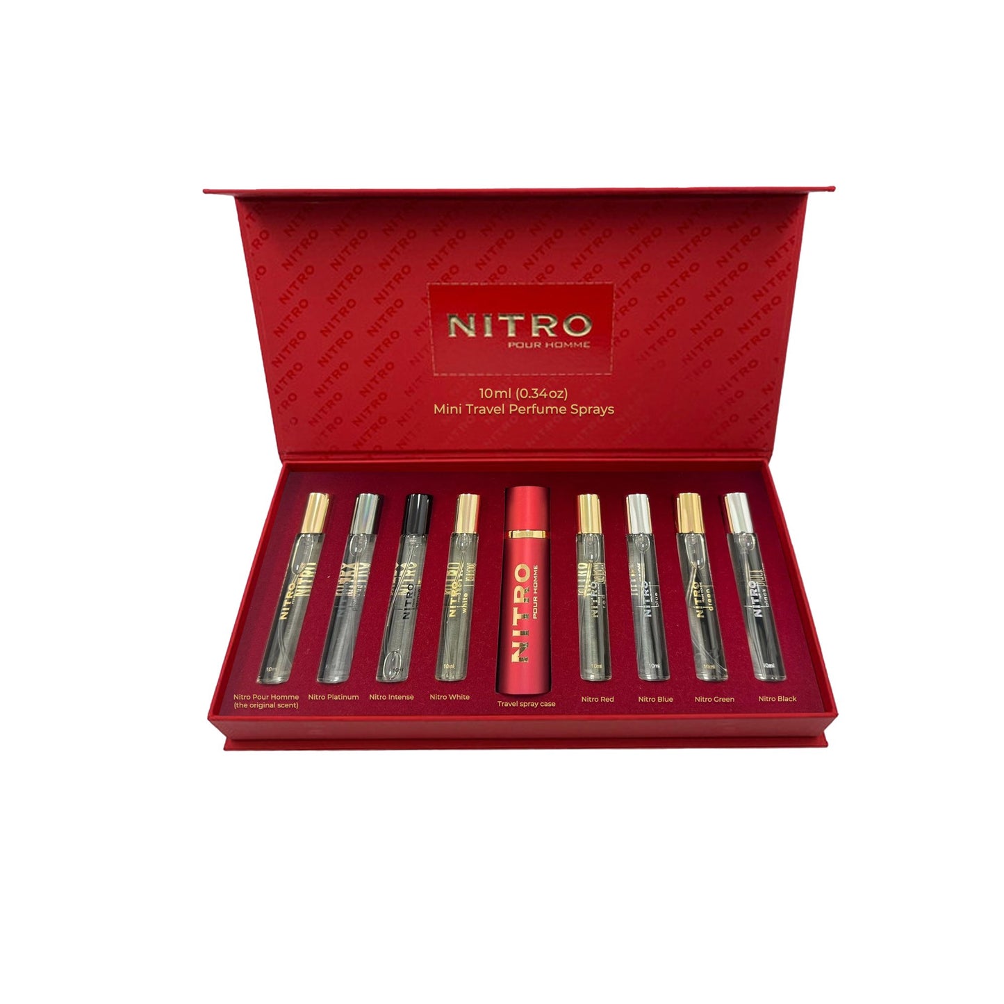 NITRO DUMONT PARIS POUR HOMME 9 * 0.34 EAU DE PARFUM SPRAY SET: NITRO + NITRO BLACK + NITRO GREEN + NITRO INTENSE + NITRO PLATINUM + NITRO RED + NITRO WHITE + NITRO BLUE + TRAVEL SPRAY CASE