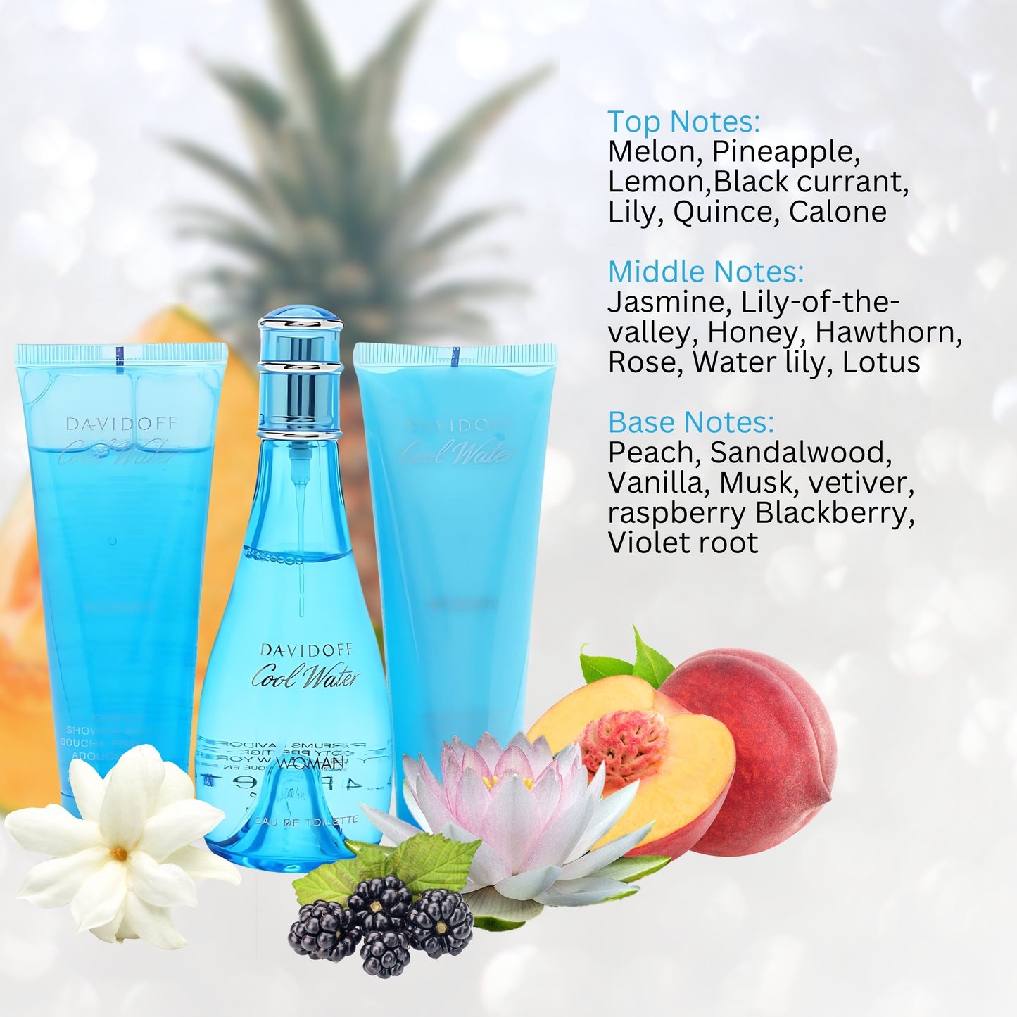 Cool Water by Zino Davidoff for Women - 3 Pc Gift Set 3.4oz EDT Spray, 2.5oz Gentle Shower Breeze, 2.5oz Moisturizing Body Lotion
