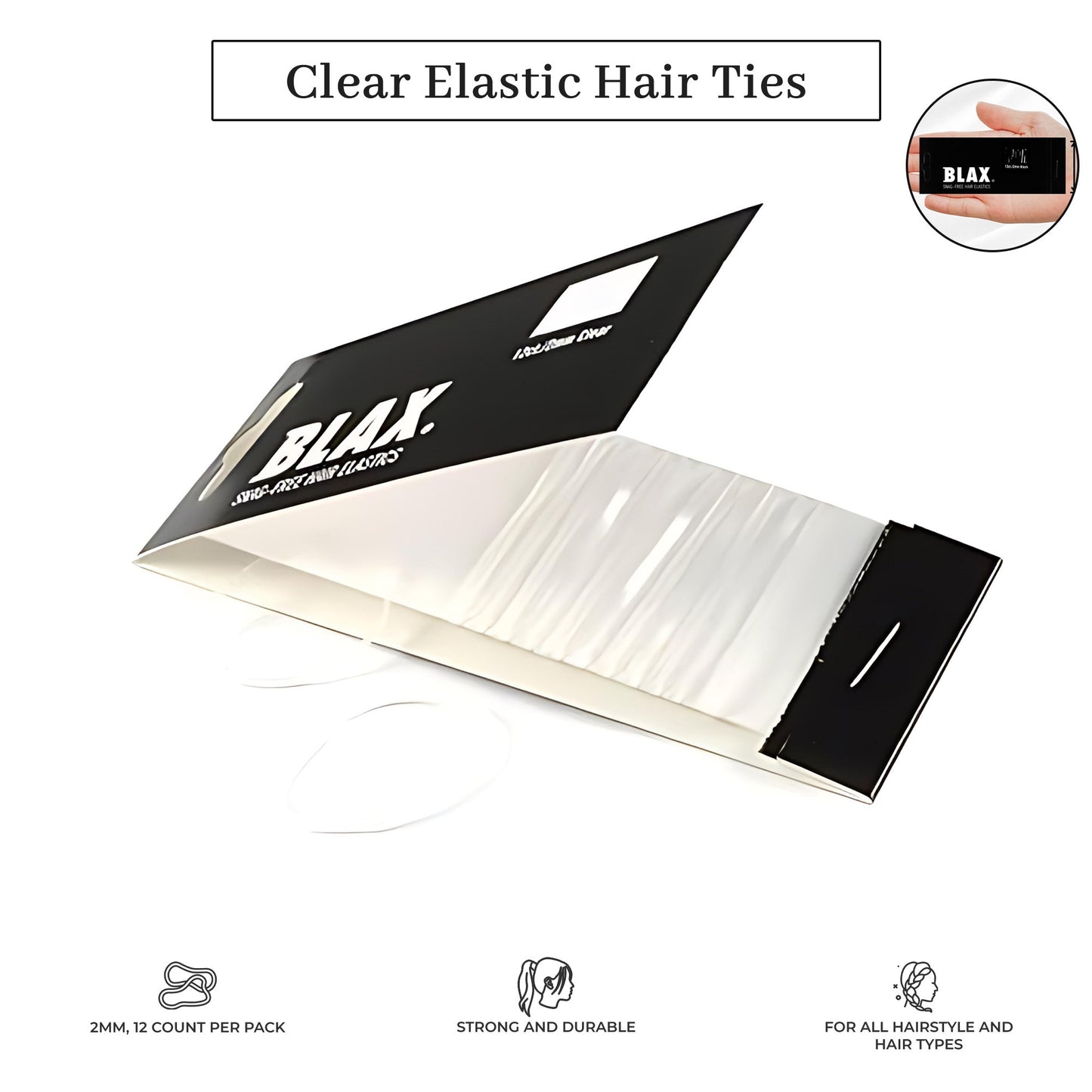 Blax Clear Hair Elastics – Snag-Free Transparent Ties, No-Damage, 2mm 12 Count