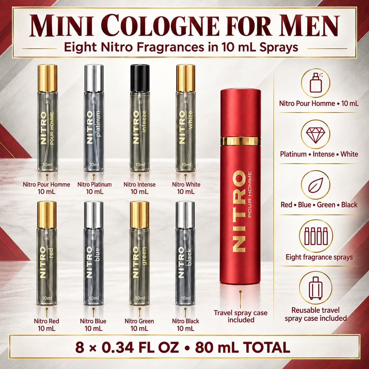 Dumont Nitro Pour Homme Perfume Discovery Set for Men Mini Travel Sprays 8 x 0.34 Fl Oz