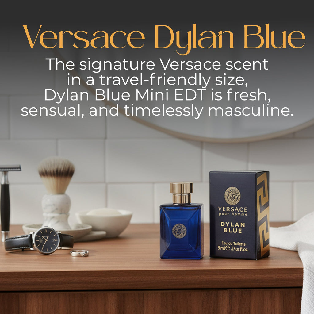 Versace Dylan Blue Pour Homme Mini EDT Splash 0.17 oz – Travel Size Men’s Cologne, Aromatic Fougere Fragrance