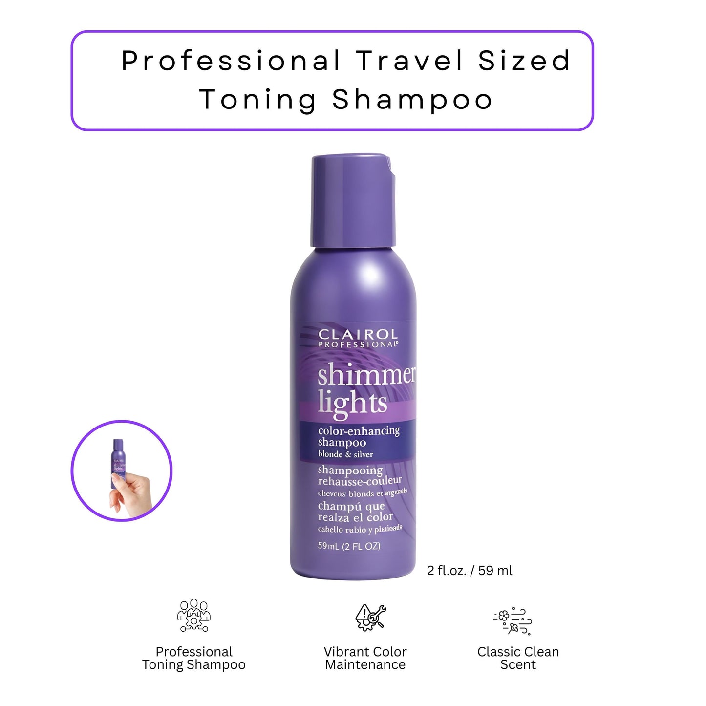 Clairol Shimmer Lights Shampoo – Blonde & Silver Hair Toner (2 oz Travel Size)