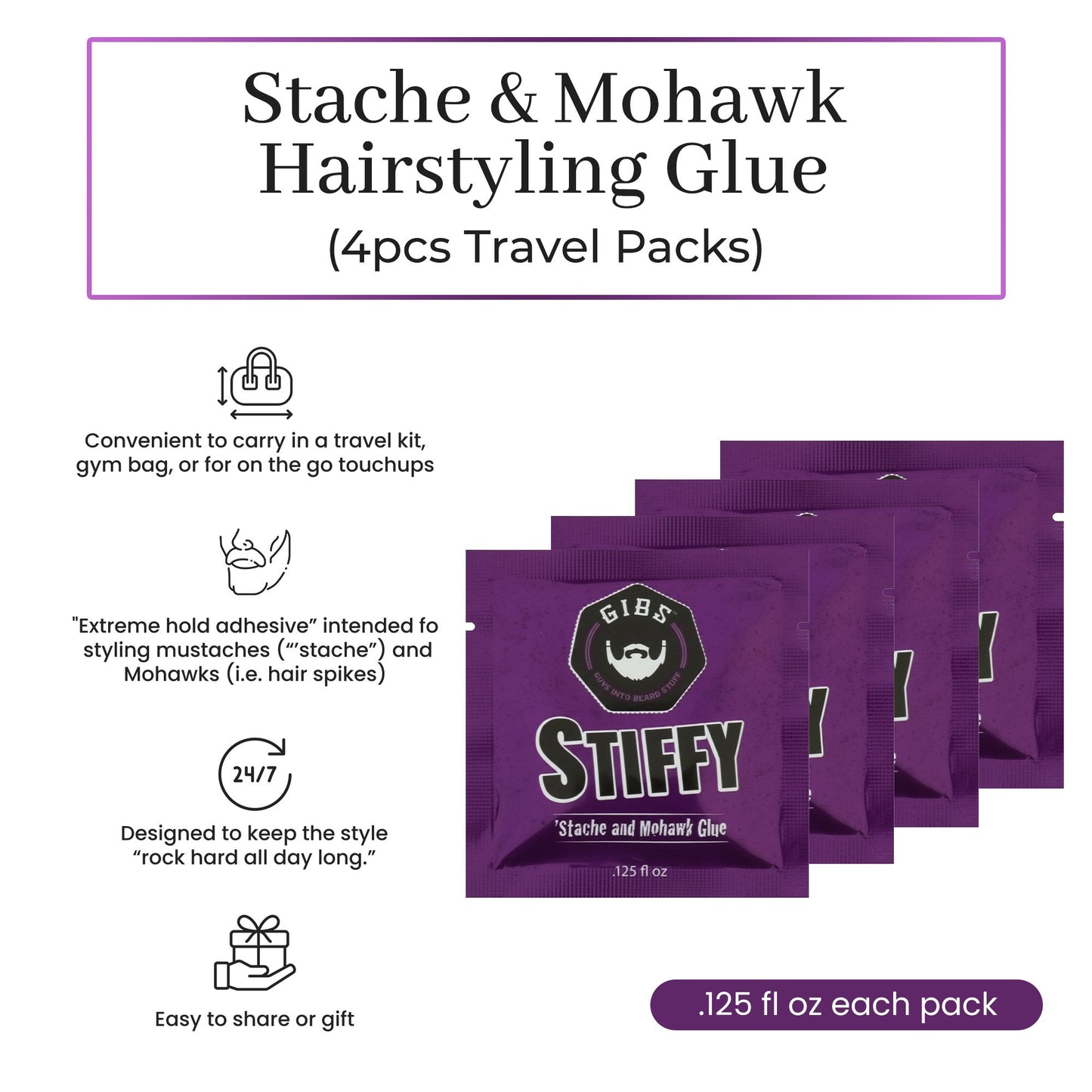 Gibs Stiffy Stache & Mohawk Glue Travel Packets 4 Pack 0.125 oz each