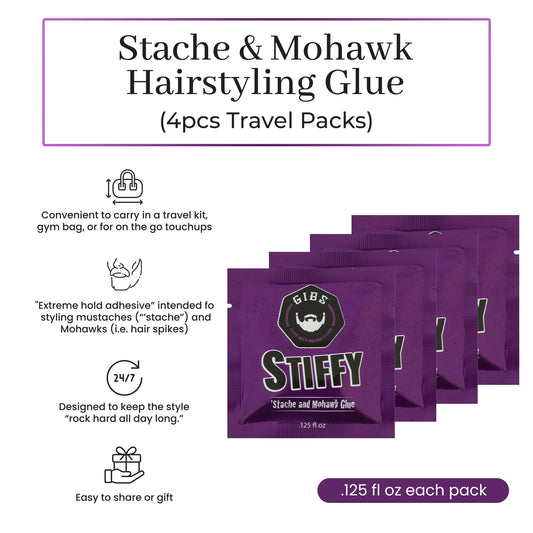Gibs Stiffy Stache & Mohawk Glue Travel Packets 4 Pack 0.125 oz each