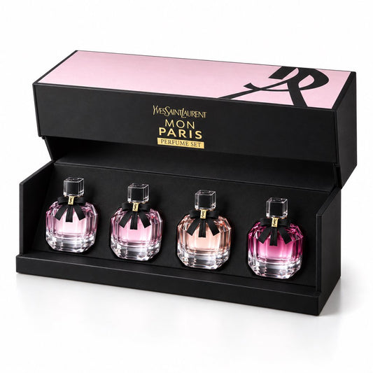 YSL MON PARIS 4 PCS MINI SET: MON PARIS 0.25 EAU DE PARFUM + MON PARIS 0.25 EAU DE PARFUM + MON PARIS LUMIERE 0.25 EAU DE TOILETTE + 0.25 INTENSEMENT 0.25 EAU DE PARFUM