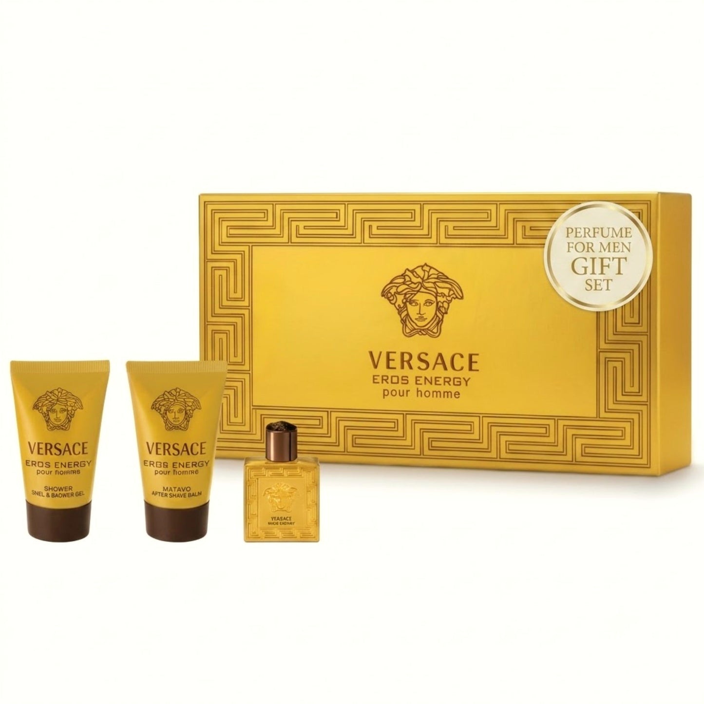 Versace Eros Energy Pour Homme Perfume for Men Gift Set Mini EDP Splash, Bath & Shower Gel and After Shave Balm