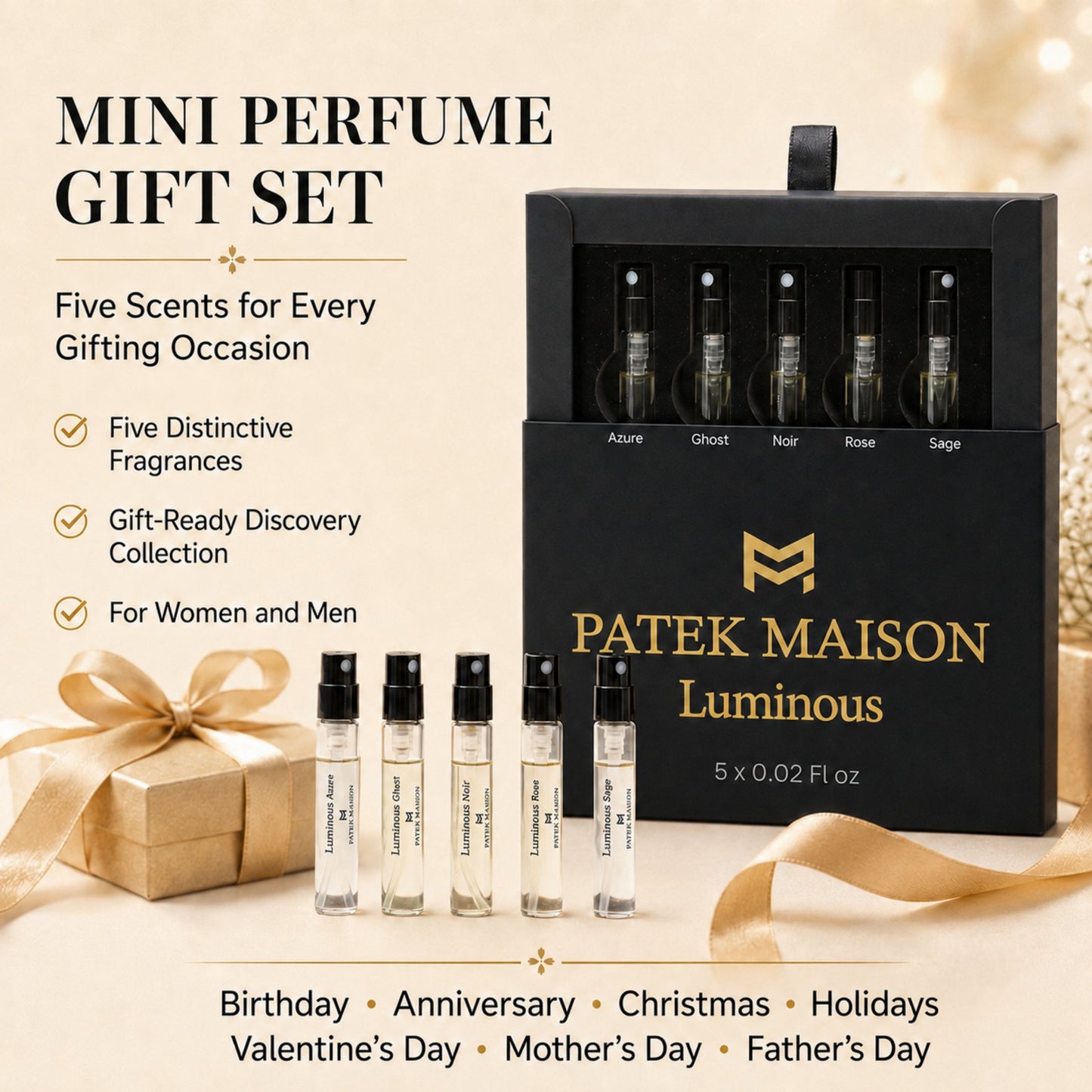 Patek Maison Perfume for Women and Men Luminous Mini Gift Set EDP Vial Spray 0.02 Fl oz.